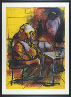 Měšťánek Tomáš – V hospodě, velkoformátová malba suchým pastelem, 2014
